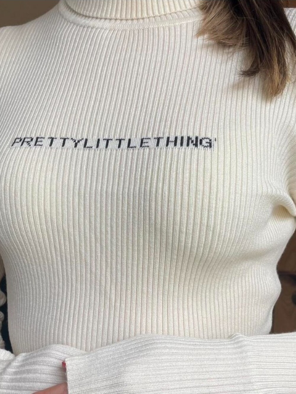PRETTYLITTLETHING White Ribbed Logo  Cropped Turtleneck Sweater Large